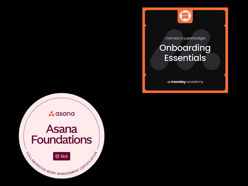 Monday.com & Asana badges for Onboarding Essentials & Foundations for Willie Buehler.