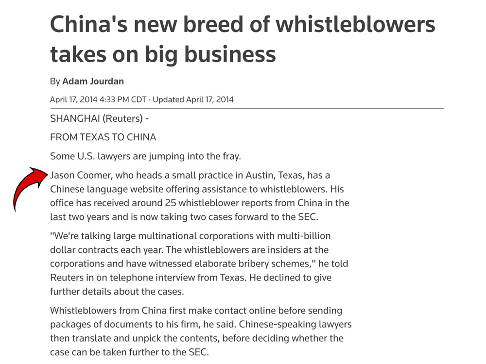 A screenshot of an international news story about lawyers seeking whistleblower clients from China. A red arrow highlights the brand mention for attorney Jason Coomer.