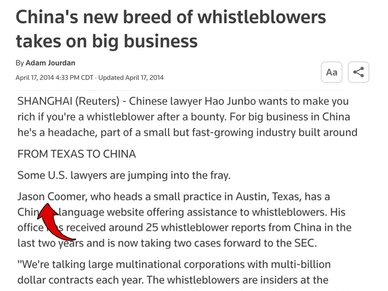 A screenshot of an international news story about lawyers seeking whistleblower clients from China. A red arrow highlights the brand mention for attorney Jason Coomer.