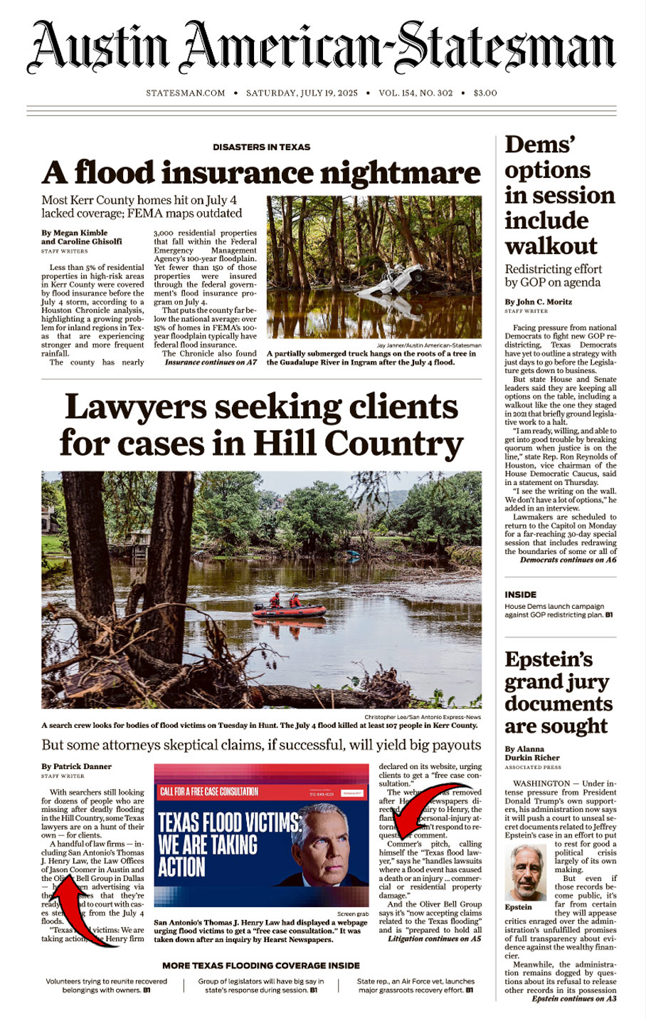 Page A1 press coverage and brand mentions for Jason Coomer in the American-Statesman.