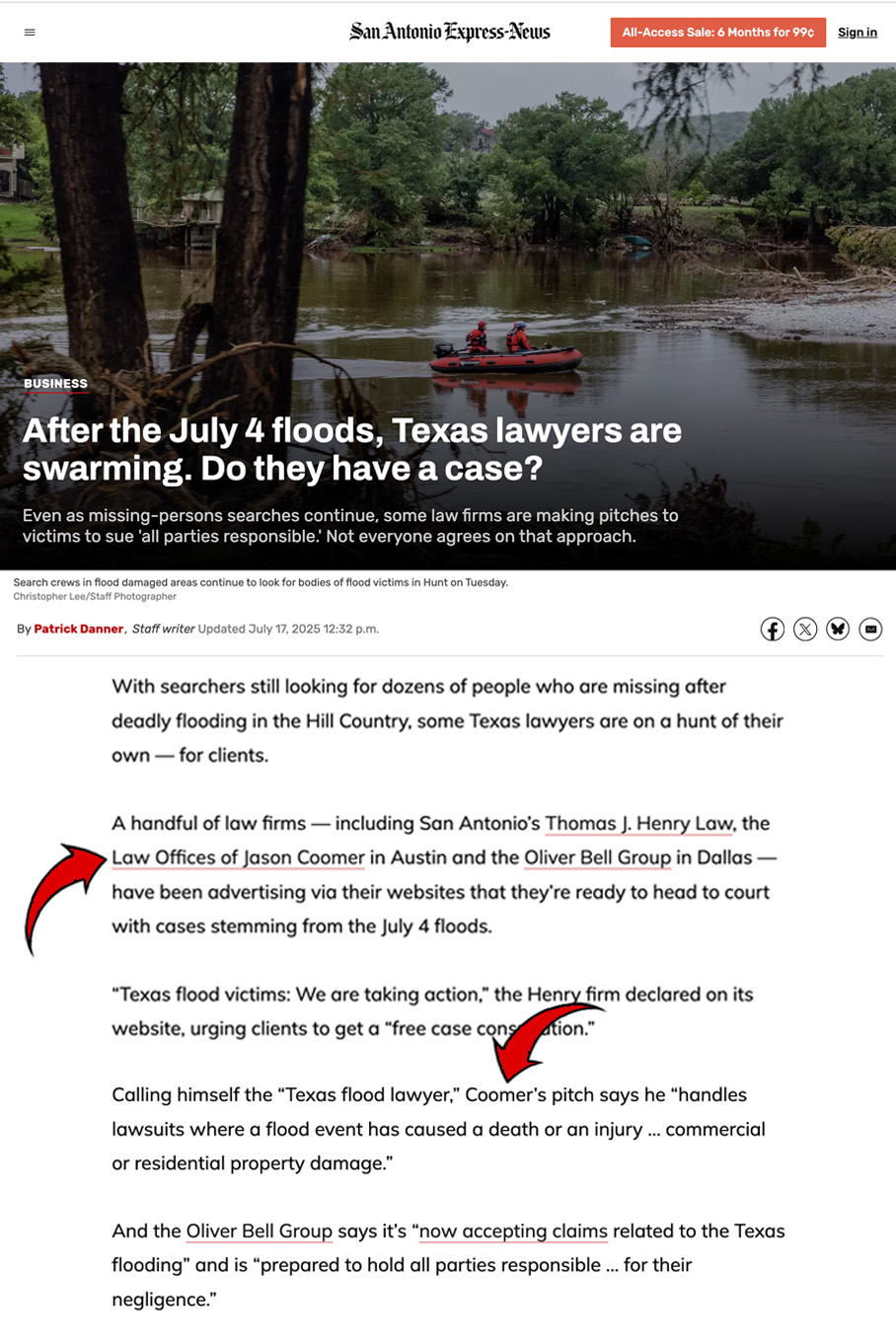 Page A1 press coverage and brand mentions for Jason Coomer in the San Antonio Express-News.