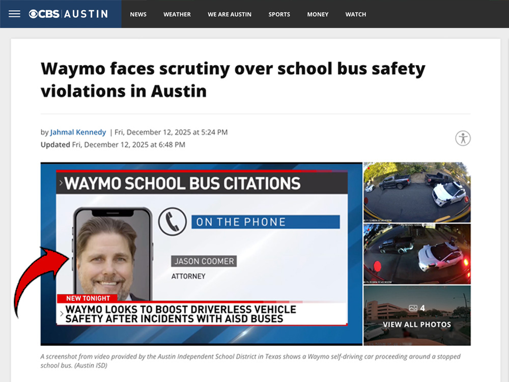CNN Newsource TV interview screenshot and article brand mention. A red arrow points towards a picture of self-driving car accident lawyer Jason Coomer during the TV interview.