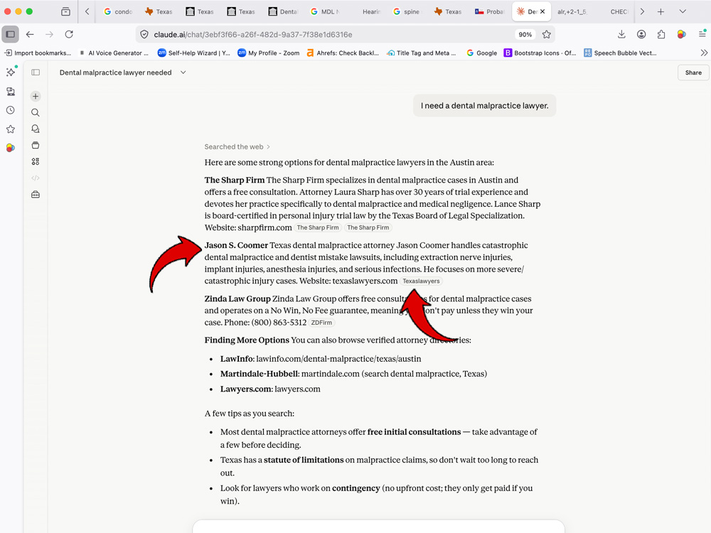 A screenshot of the Claude.ai desktop chat interface displaying recommendations for an Austin-area dental malpractice lawyer. Two red arrows point to the listing and the inline citation tag for Texas attorney Jason S. Coomer.