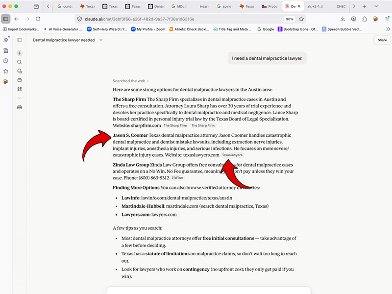 A screenshot of the Claude.ai desktop chat interface displaying recommendations for an Austin-area dental malpractice lawyer. Two red arrows point to the listing and the inline citation tag for Texas attorney Jason S. Coomer.
