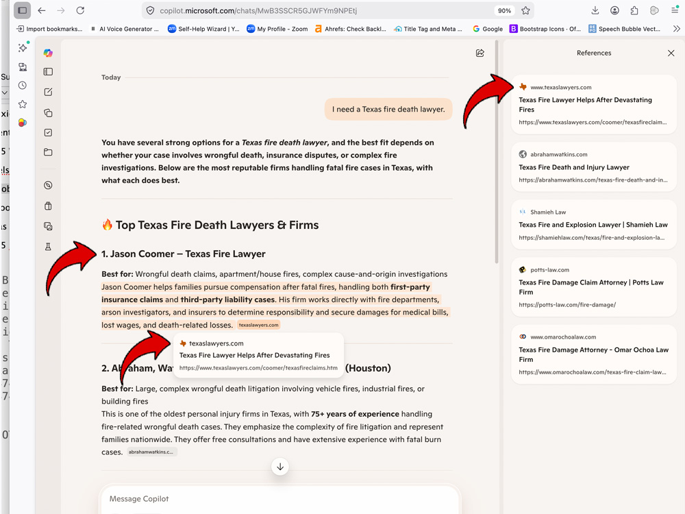 A screenshot of the Microsoft Copilot desktop chat interface displaying results for I need a Texas fire death lawyer. Three red arrows point to a specific attorney listing, its corresponding hovered link popup, and the top reference link in the right-hand sidebar.