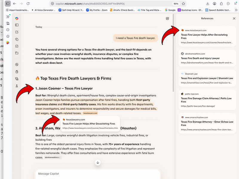 A screenshot of the Microsoft Copilot desktop chat interface displaying results for I need a Texas fire death lawyer. Three red arrows point to a specific attorney listing, its corresponding hovered link popup, and the top reference link in the right-hand sidebar.