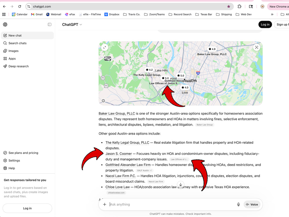 A screenshot of the ChatGPT desktop chat interface displaying results for Austin-area law firms specializing in homeowners association disputes. Three red arrows point to a specific map pin labeled Law Offices of Jason S., its corresponding bulleted listing for Jason S. Coomer in the text response, and the small grey source citation pill next to the listing.