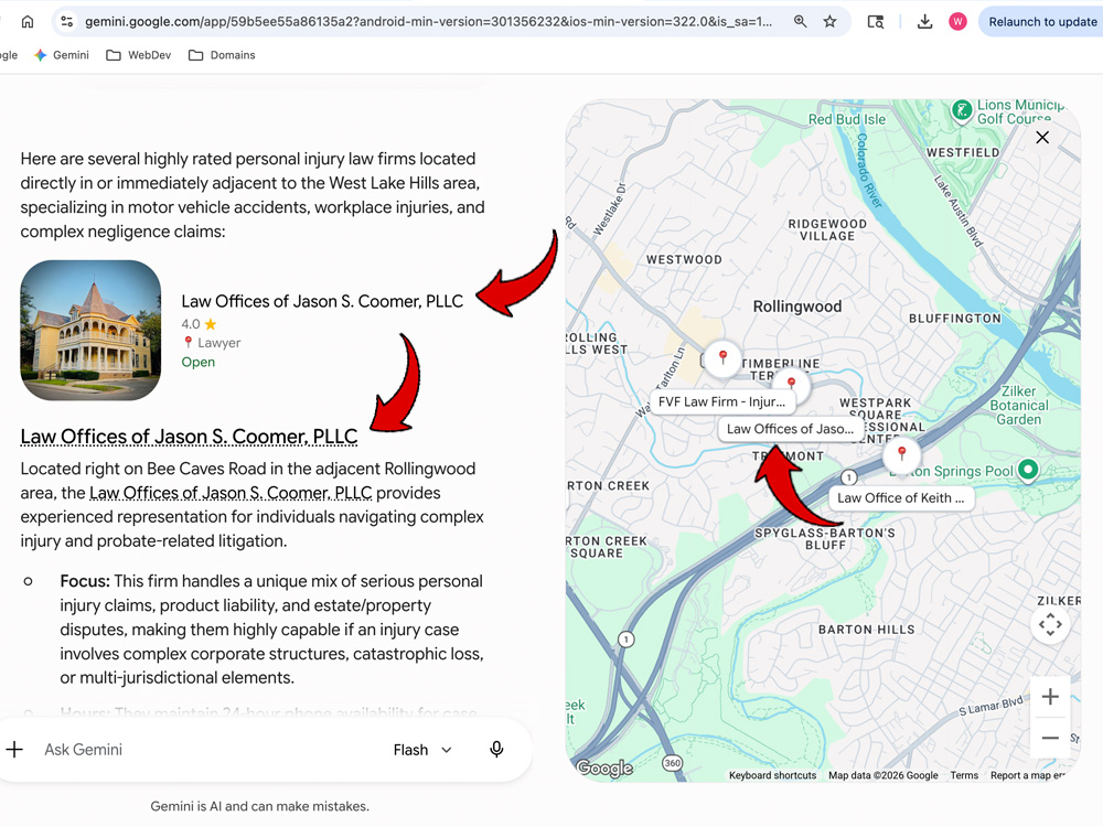 A screenshot of a Google Gemini AI chat interface showing a list of personal injury law firms near West Lake Hills, Texas, paired with an embedded Google Map marking their locations. Red arrows point to the listing and map pin for the Law Offices of Jason S. Coomer, PLLC.