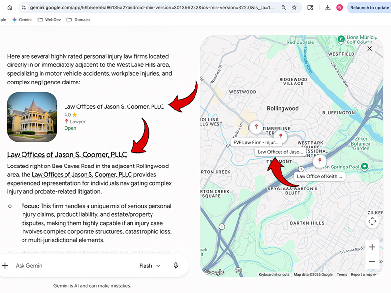 A screenshot of a Google Gemini AI chat interface showing a list of personal injury law firms near West Lake Hills, Texas, paired with an embedded Google Map marking their locations. Red arrows point to the listing and map pin for the Law Offices of Jason S. Coomer, PLLC.