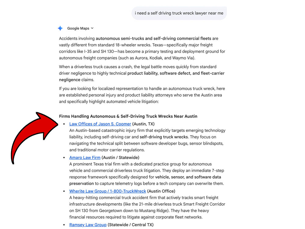 Screenshot of a search engine AI overview listing law firms in Austin, Texas that handle autonomous and self-driving truck wrecks. A large red arrow points to the first result.
