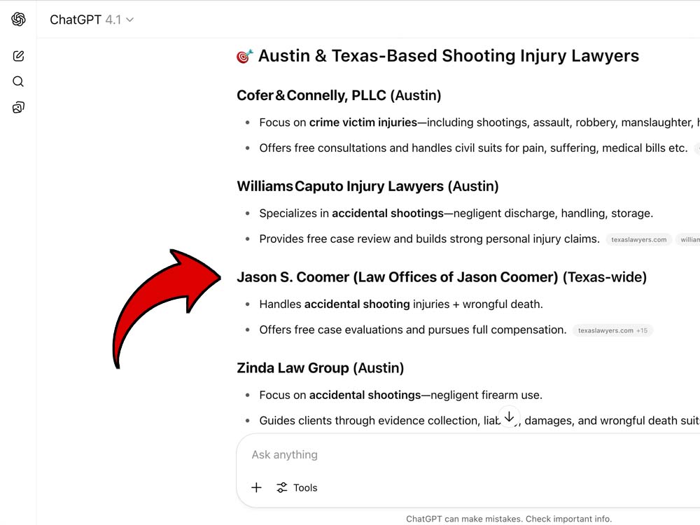 A screenshot of the ChatGPT desktop chat interface displaying recommendations for an Austin-area and Texas shooting injury lawyer. A red arrow points to the listing for Law Offices of Jason S. Coomer.