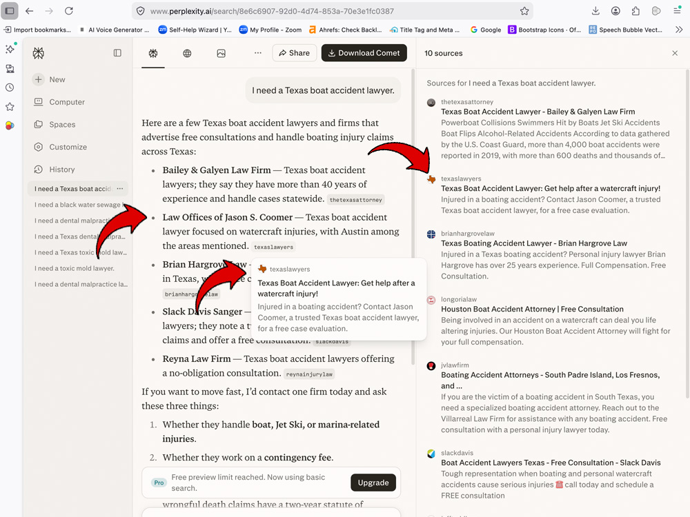 A screenshot of the Perplexity AI desktop interface displaying search results for I need a Texas boat accident lawyer. Three red arrows highlight the text listing, a hover card popup, and a right-sidebar source citation for the Law Offices of Jason S. Coomer.
