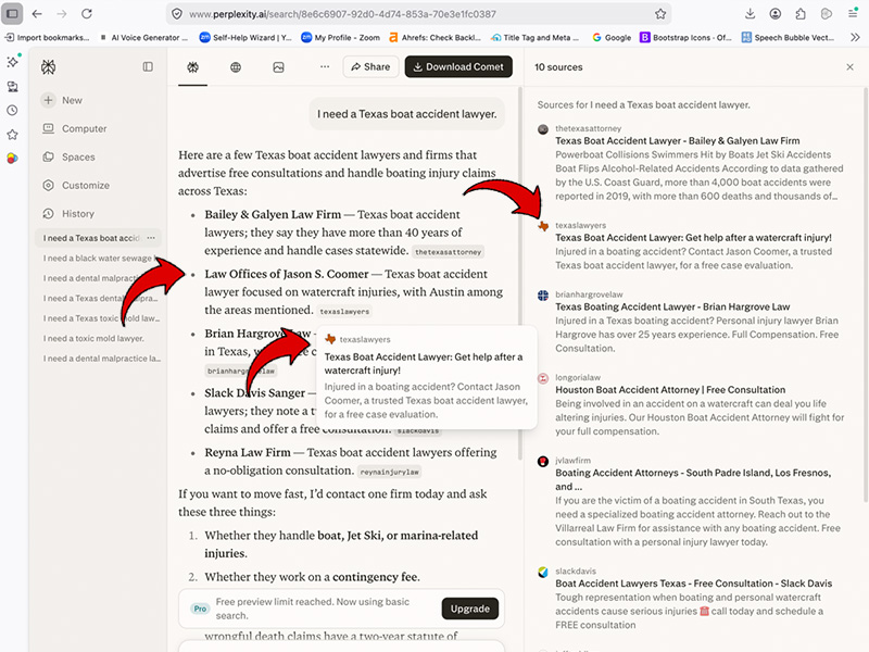 A screenshot of the Perplexity AI desktop interface displaying search results for I need a Texas boat accident lawyer. Three red arrows highlight the text listing, a hover card popup, and a right-sidebar source citation for the Law Offices of Jason S. Coomer.