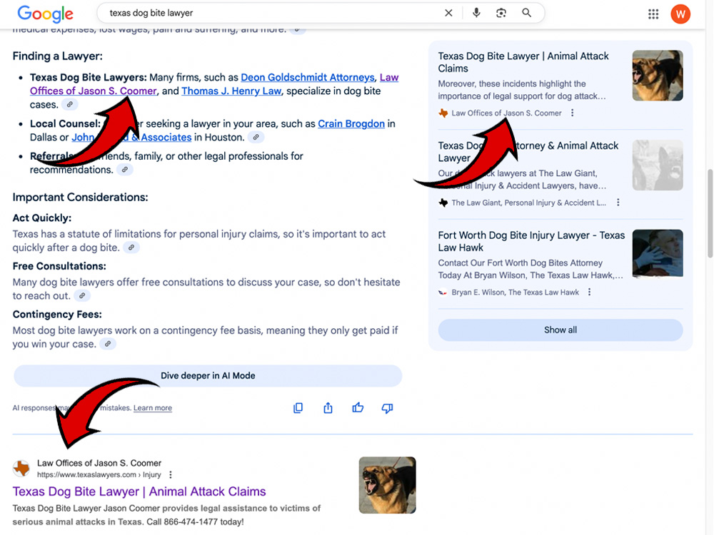 Google Search results page showing an AI Overview summary for Texas dog bite lawyer. Red arrows point to a featured firm mention, its citation source card, and the top-ranking organic result below the AI box.