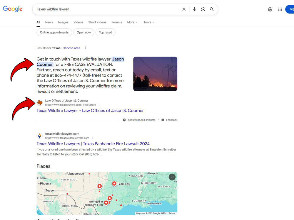 A Google search results page for 'Texas Wildfire Lawyer' featuring red arrows pointing to the Featured Snippet at the top and the first organic search result.