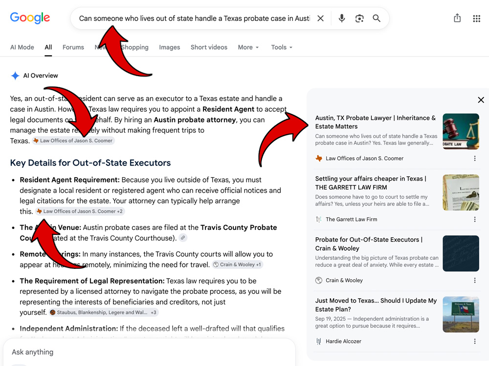 Collage showing a web page FAQ section, its corresponding JSON-LD schema code, and how it appears in a Google AI Overview search result.