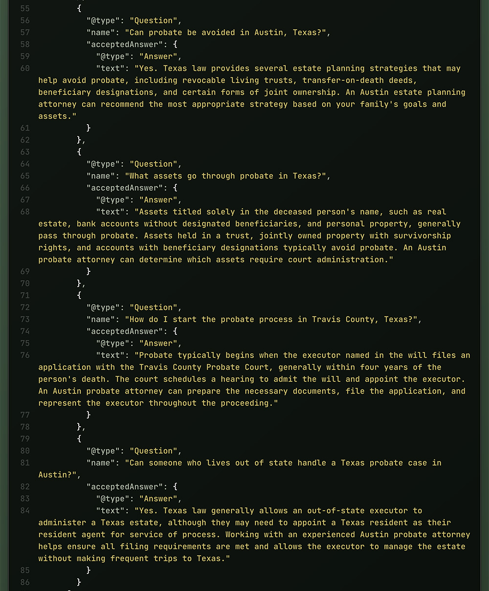Collage showing a web page FAQ section, its corresponding JSON-LD schema code, and how it appears in a Google AI Overview search result.