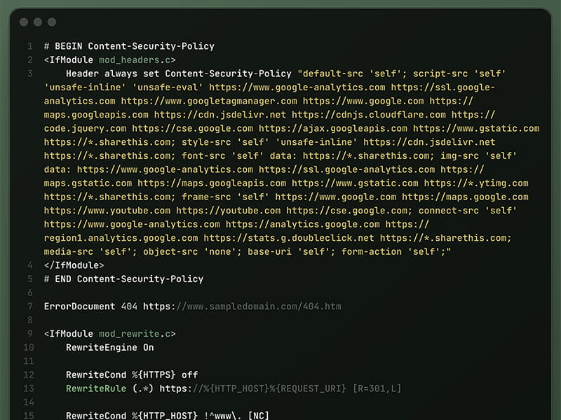 Text editor showing a .htaccess file.