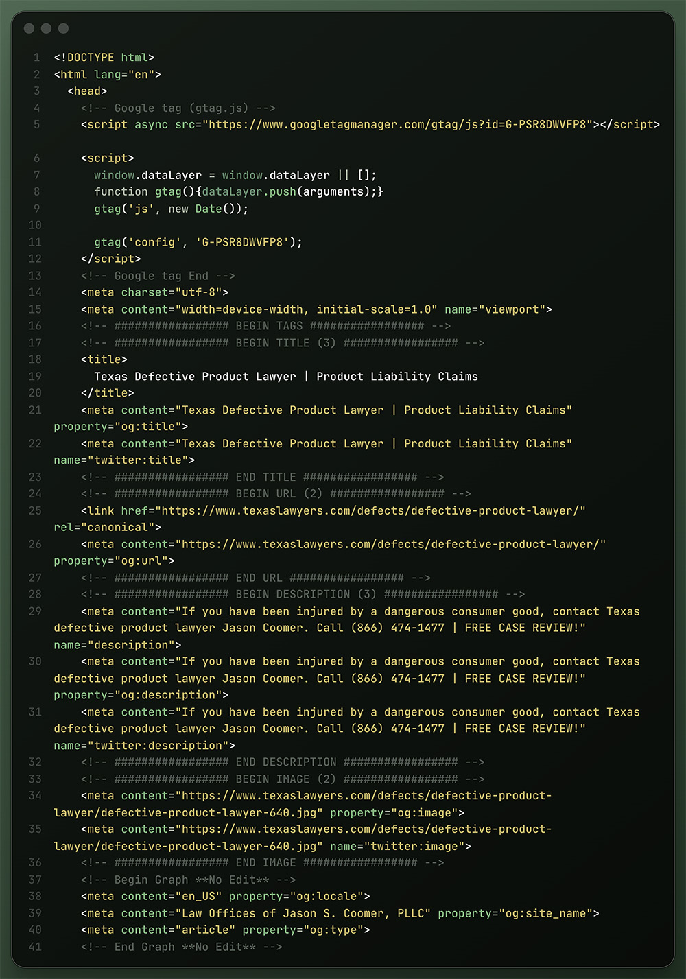 Full HTML head section showing SEO metadata including title, Open Graph, Twitter meta tags, and canonical link for a law firm page.